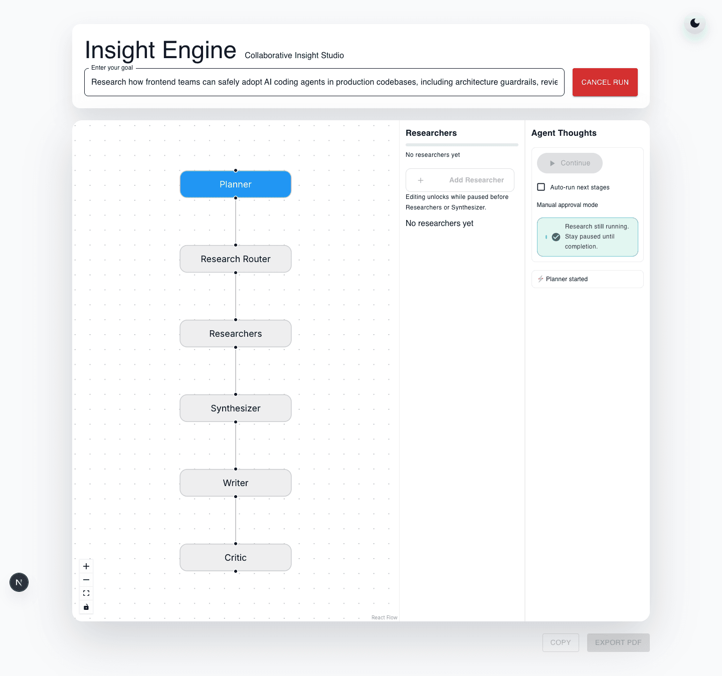 Multi-Agent AI System running a goal in light mode with execution graph and agent thoughts