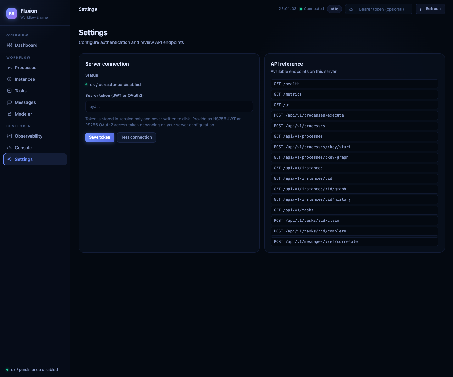 Fluxion Settings page with sidebar, server connection status, and API reference endpoints