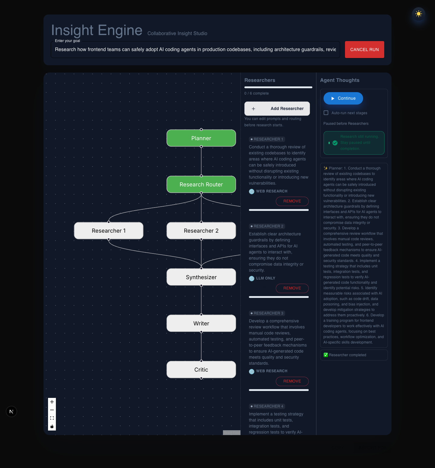 Multi-Agent AI System full-page planner review state in dark mode with Continue enabled
