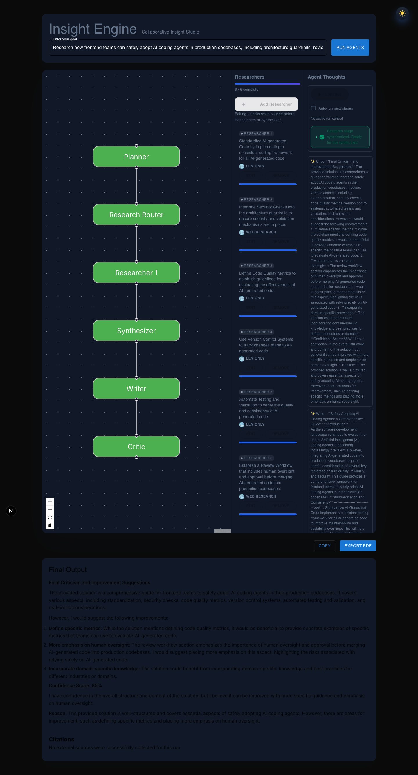 Multi-Agent AI completed workflow in dark mode with final output and active Export PDF button