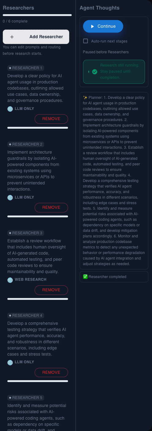 Multi-Agent AI Researchers and Agent Thoughts panels in dark mode with Continue enabled