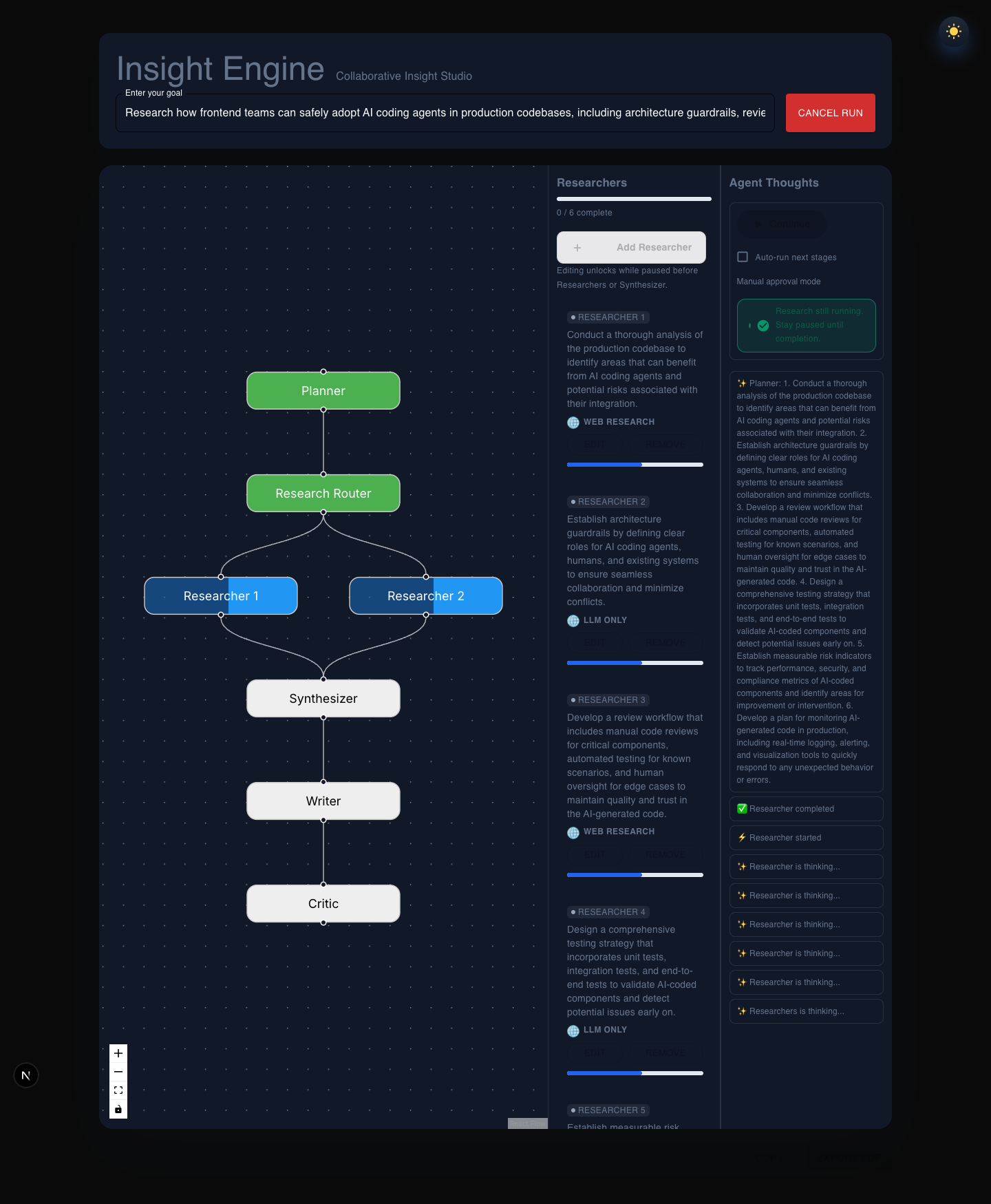 Multi-Agent AI full-page research progress state in dark mode after clicking Continue