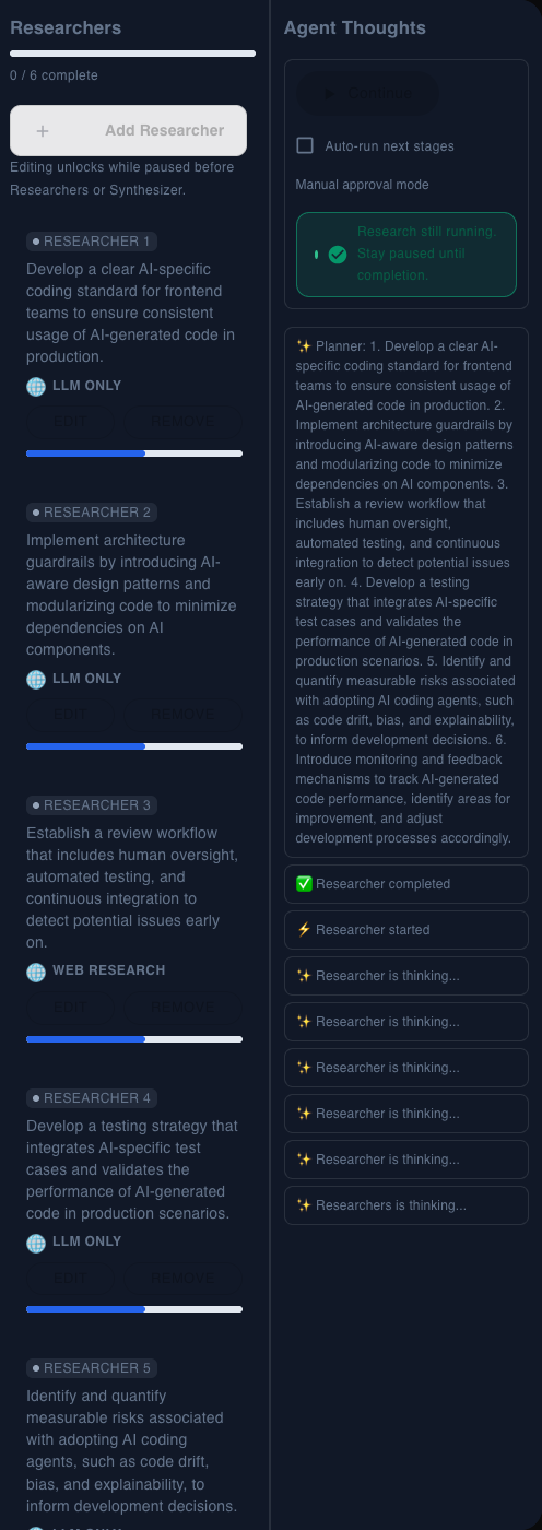 Multi-Agent AI Researchers and Agent Thoughts panels in dark mode while researchers are in progress