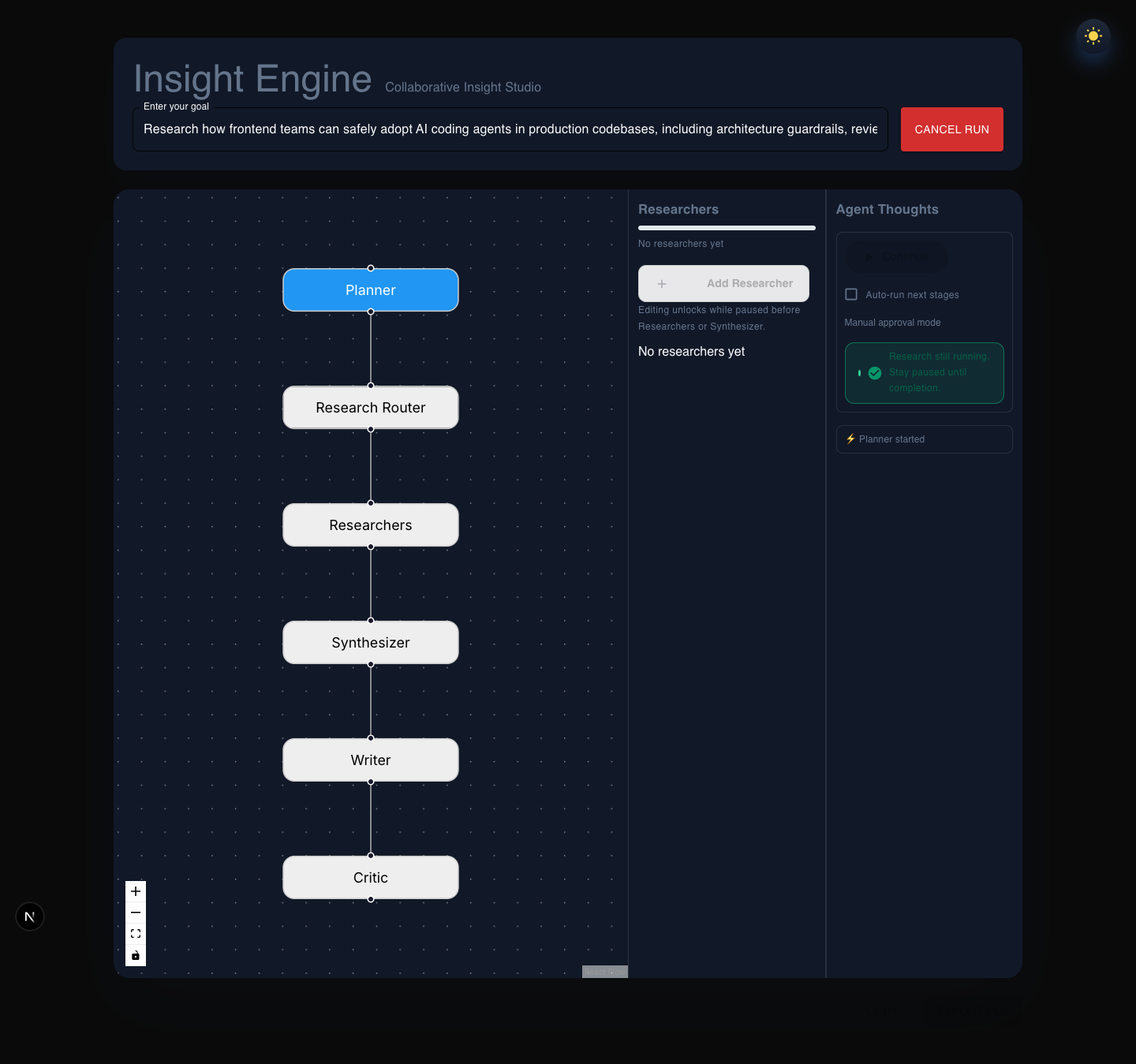 Multi-Agent AI System full-page run state in dark mode