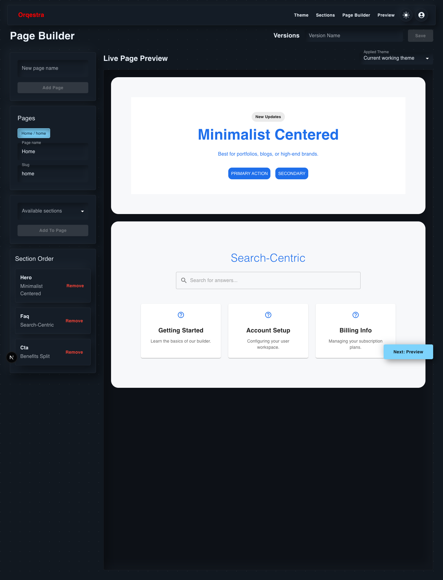 Orqestra Page Builder in dark mode showing saved section order and live page preview