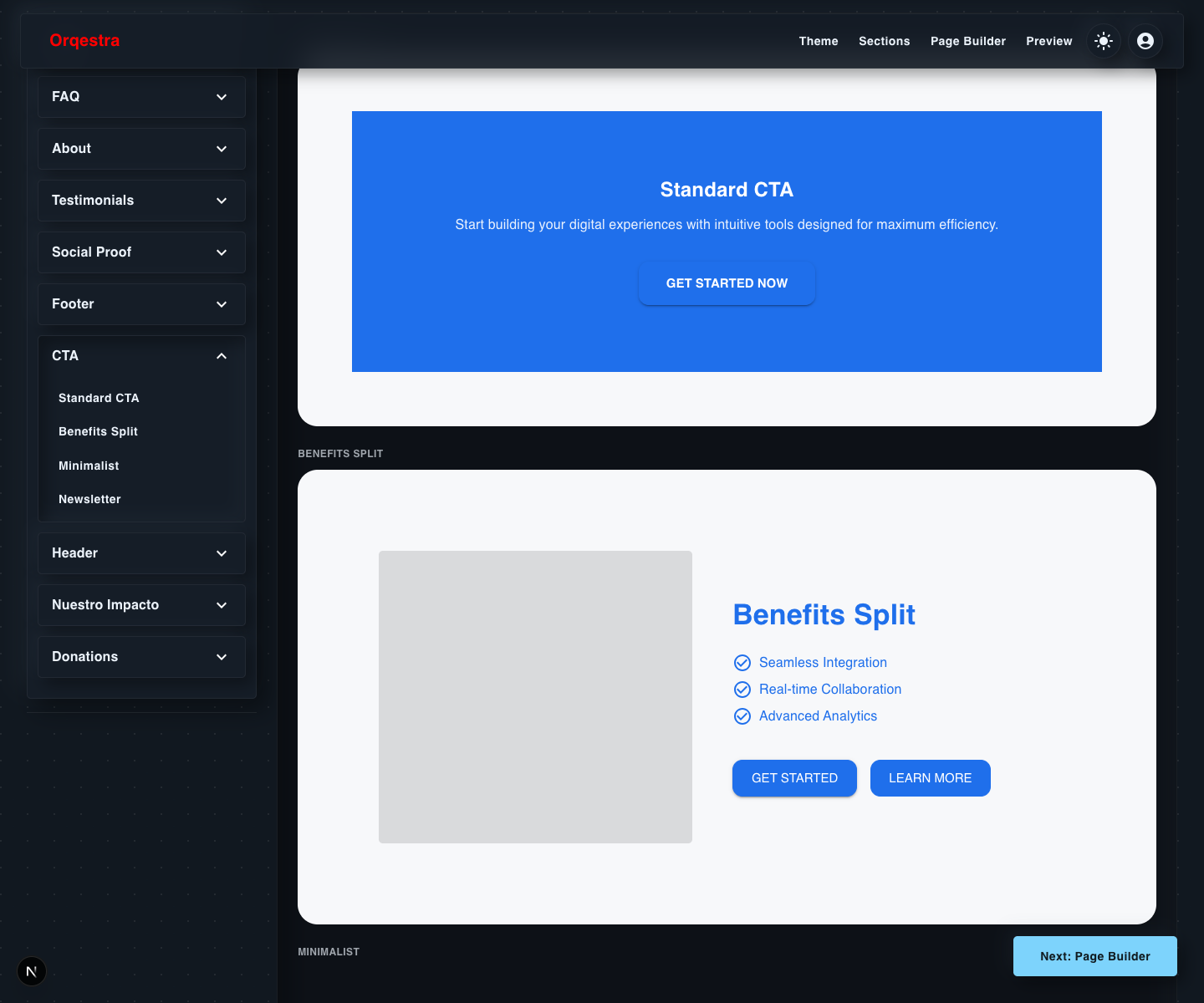Orqestra Section Builder CTA accordion open in dark mode