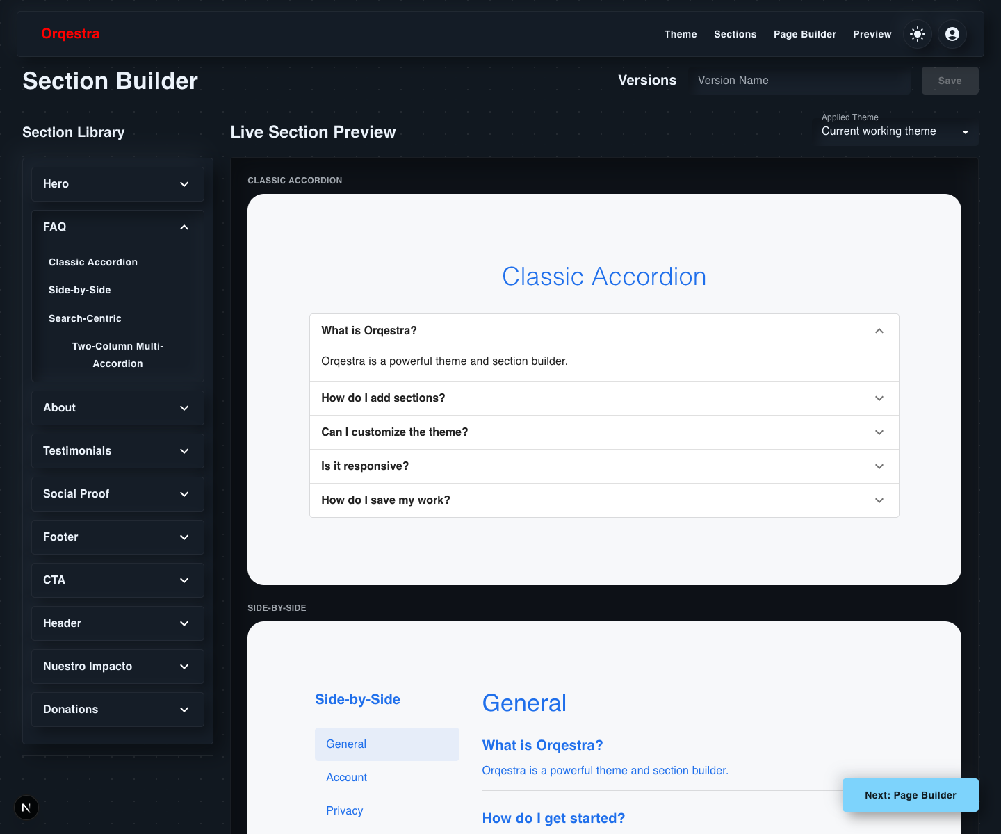 Orqestra Section Builder FAQ accordion open in dark mode with first preview FAQ expanded