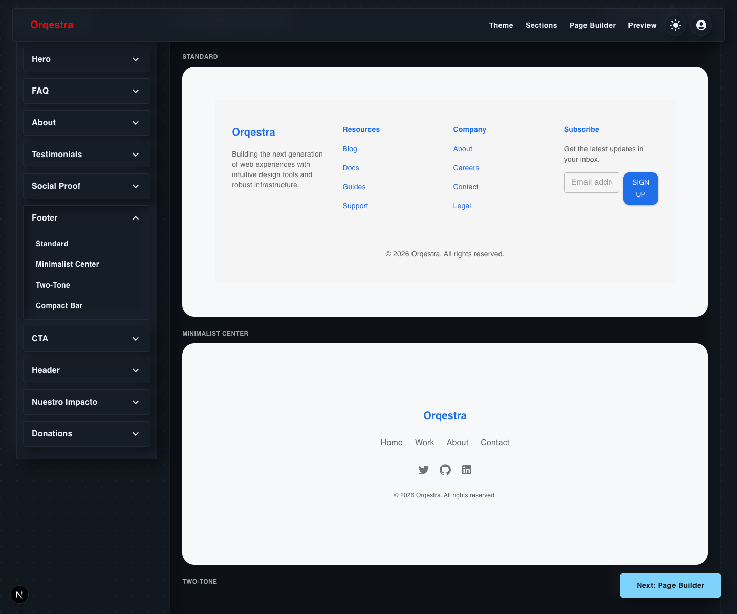 Orqestra Section Builder Footer accordion open in dark mode