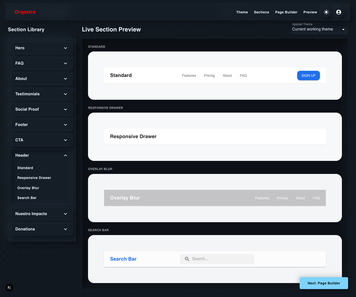 Orqestra Section Builder Header accordion open in dark mode