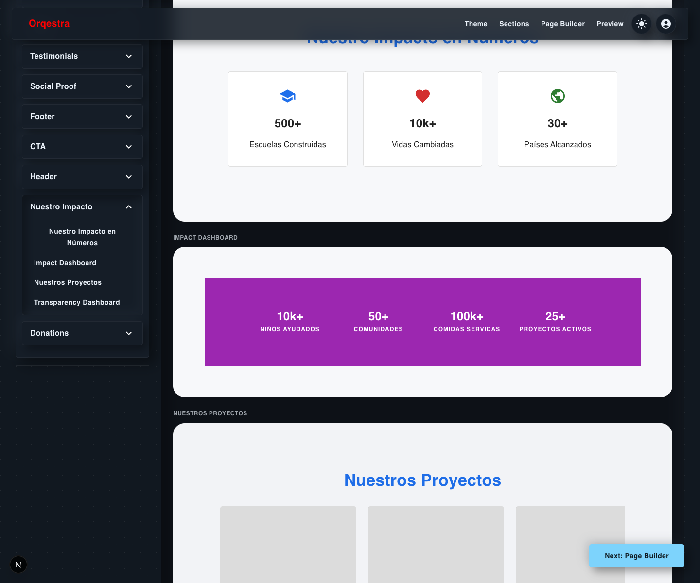 Orqestra Section Builder Nuestro Impacto accordion open in dark mode