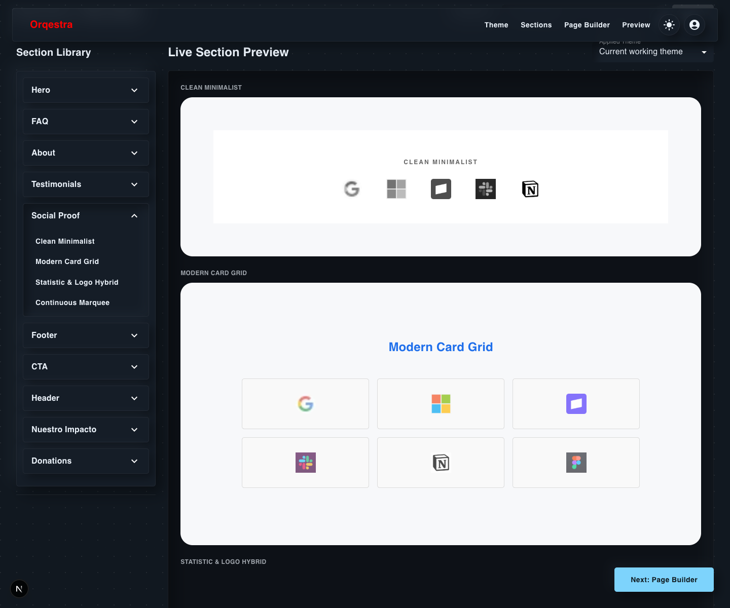 Orqestra Section Builder Social Proof accordion open in dark mode