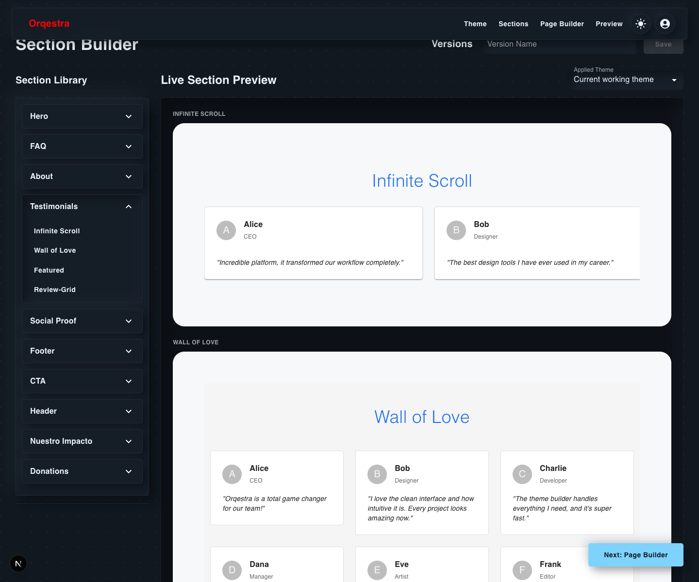 Orqestra Section Builder Testimonials accordion open in dark mode