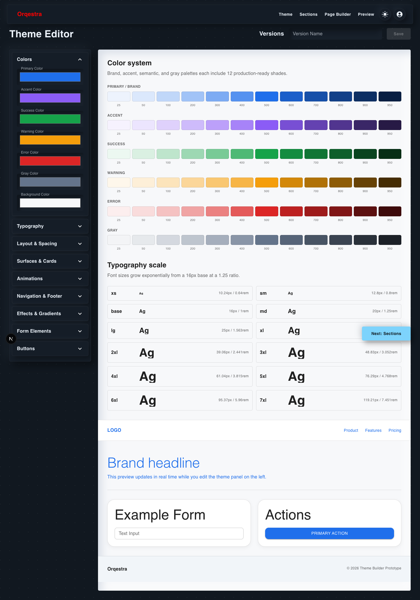 Orqestra Theme Editor in dark mode showing color palettes and exponential typography scale