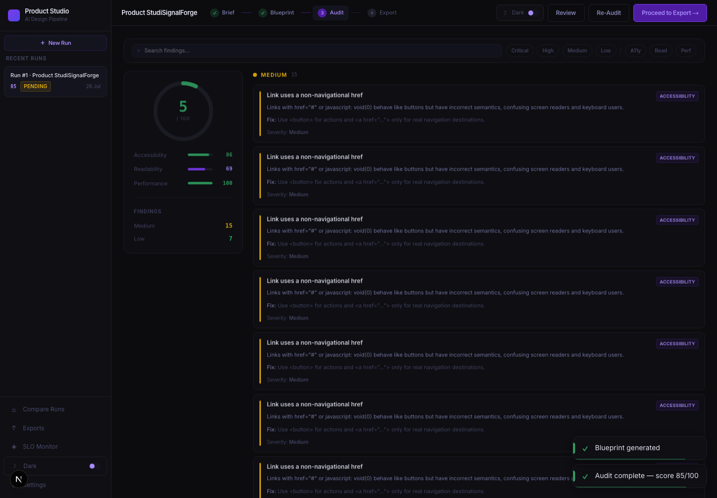 Product Studio audit results page in dark mode