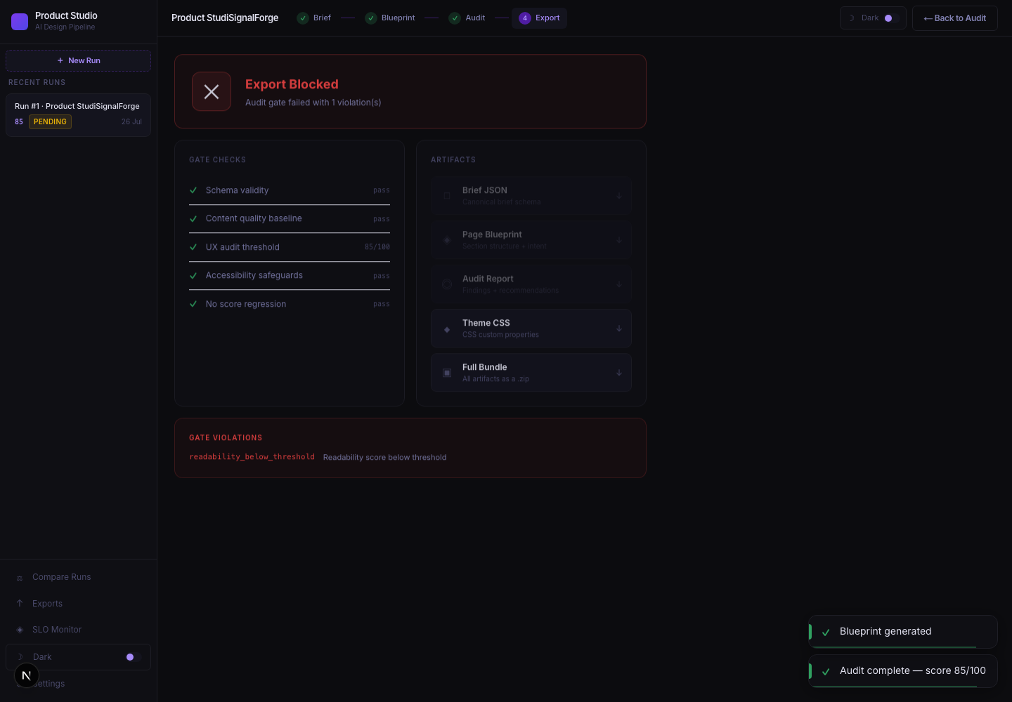 Product Studio final export page in dark mode showing gate checks and export artifacts