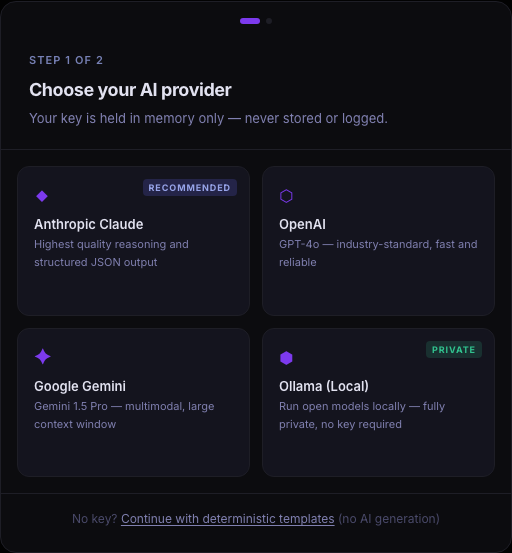 Product Studio AI provider setup modal in dark mode