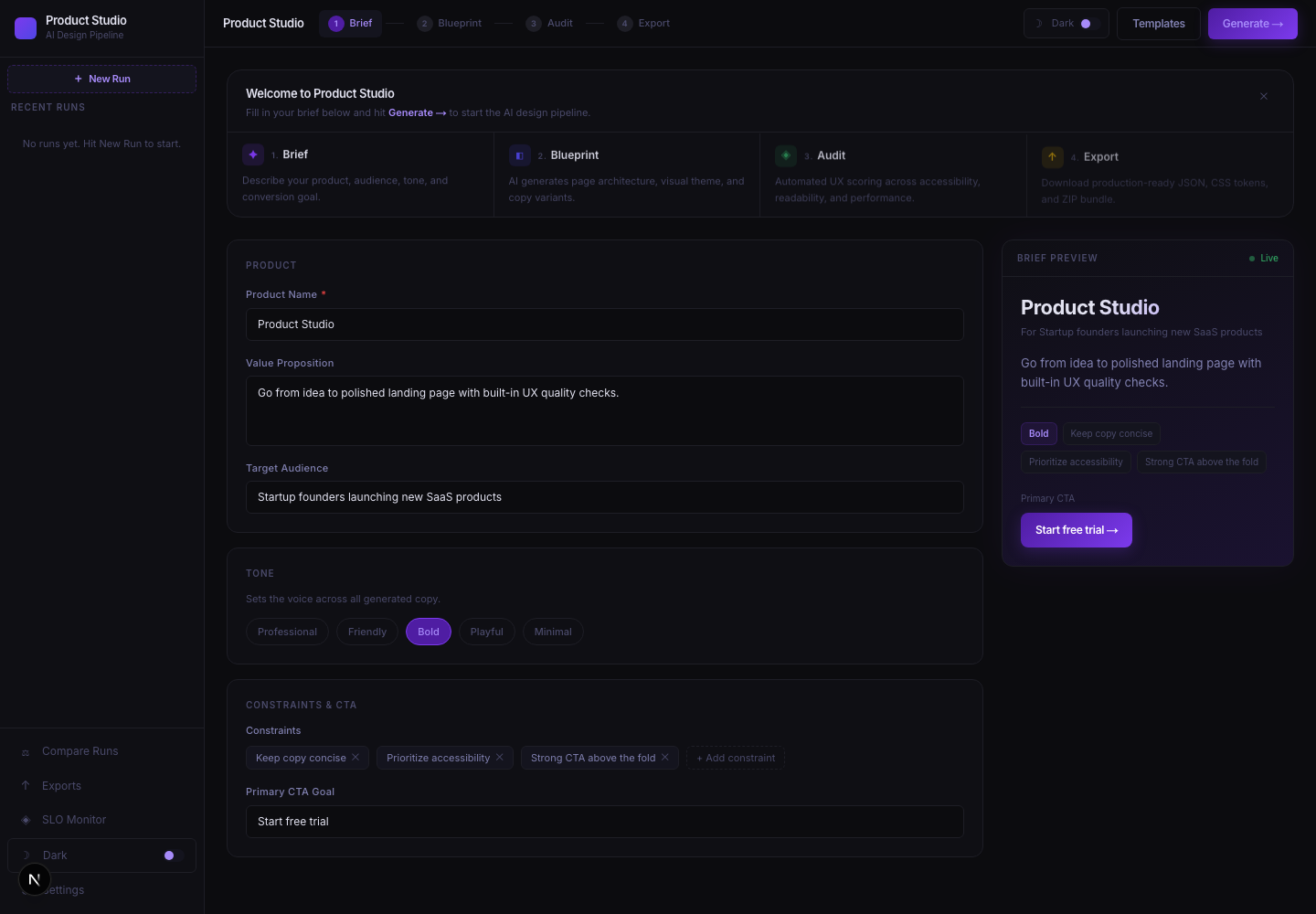 Product Studio workspace after Ollama setup in dark mode